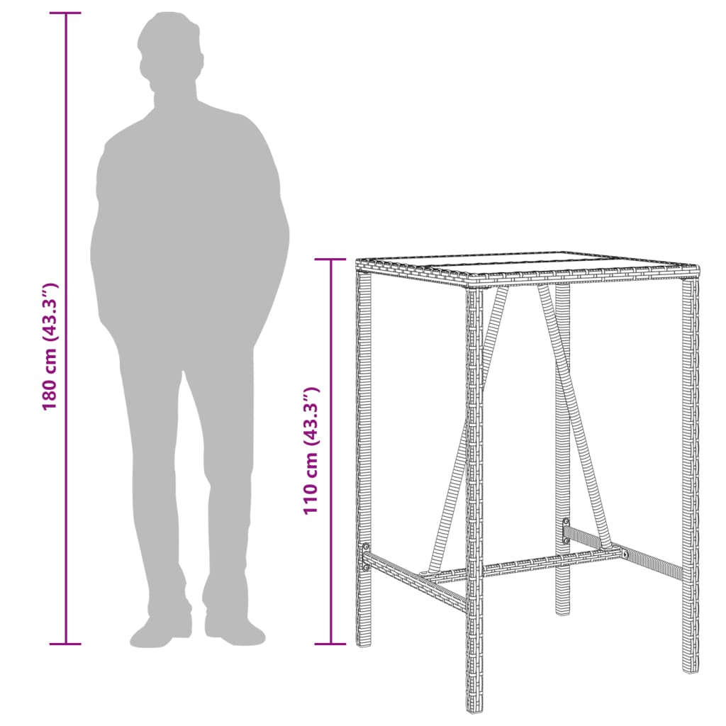 vidaXL Table de bar d’extérieur gris 70x70x110 cm poly rotin