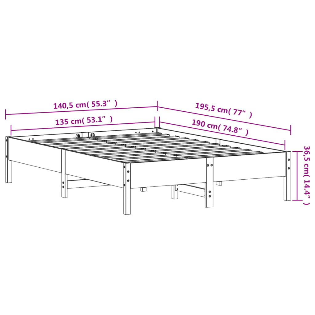 vidaXL Cadre de lit cire marron 135x190 cm bois de pin massif