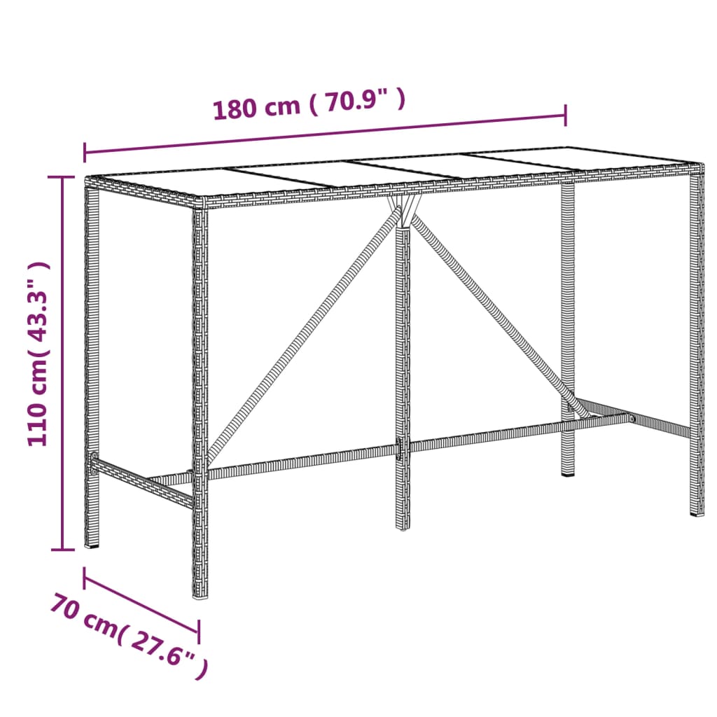 vidaXL Table de bar et dessus en verre marron 180x70x110 cm poly rotin