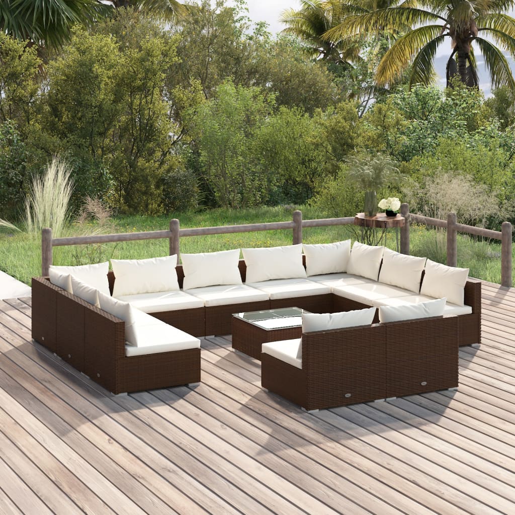 vidaXL Salon de jardin 12 pcs avec coussins Marron Résine tressée