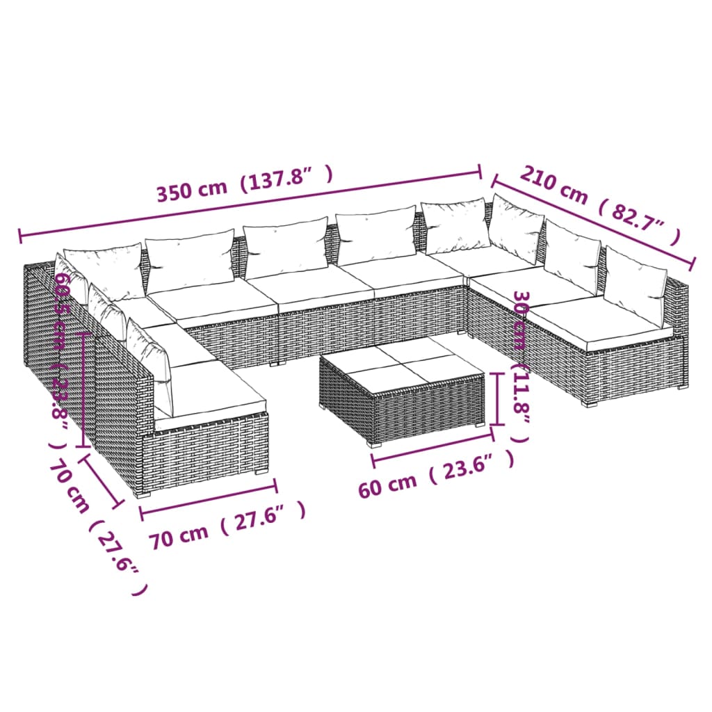 vidaXL Salon de jardin 10 pcs avec coussins Résine tressée Noir