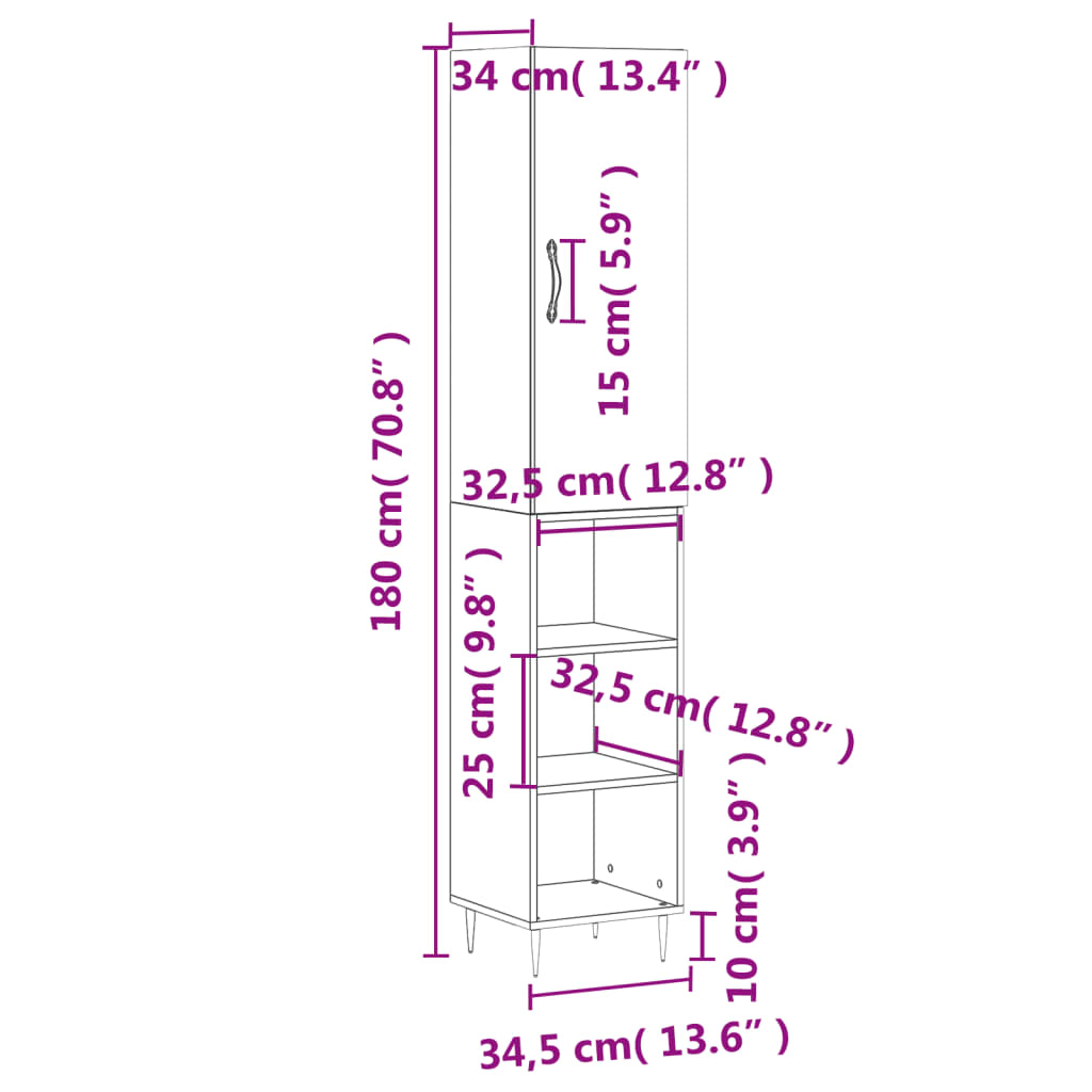 vidaXL Buffet haut Gris béton 34,5x34x180 cm Bois d'ingénierie