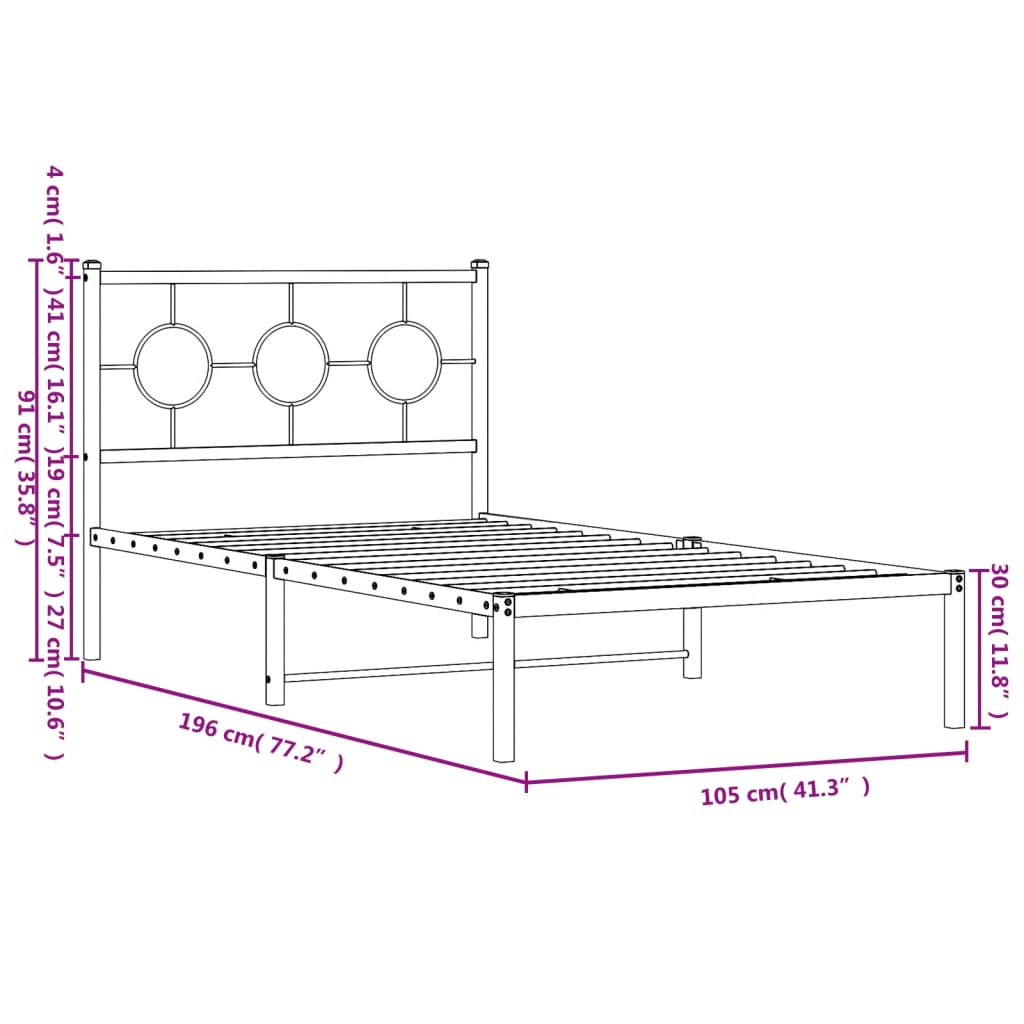 vidaXL Cadre de lit métal sans matelas avec tête de lit noir 100x190cm