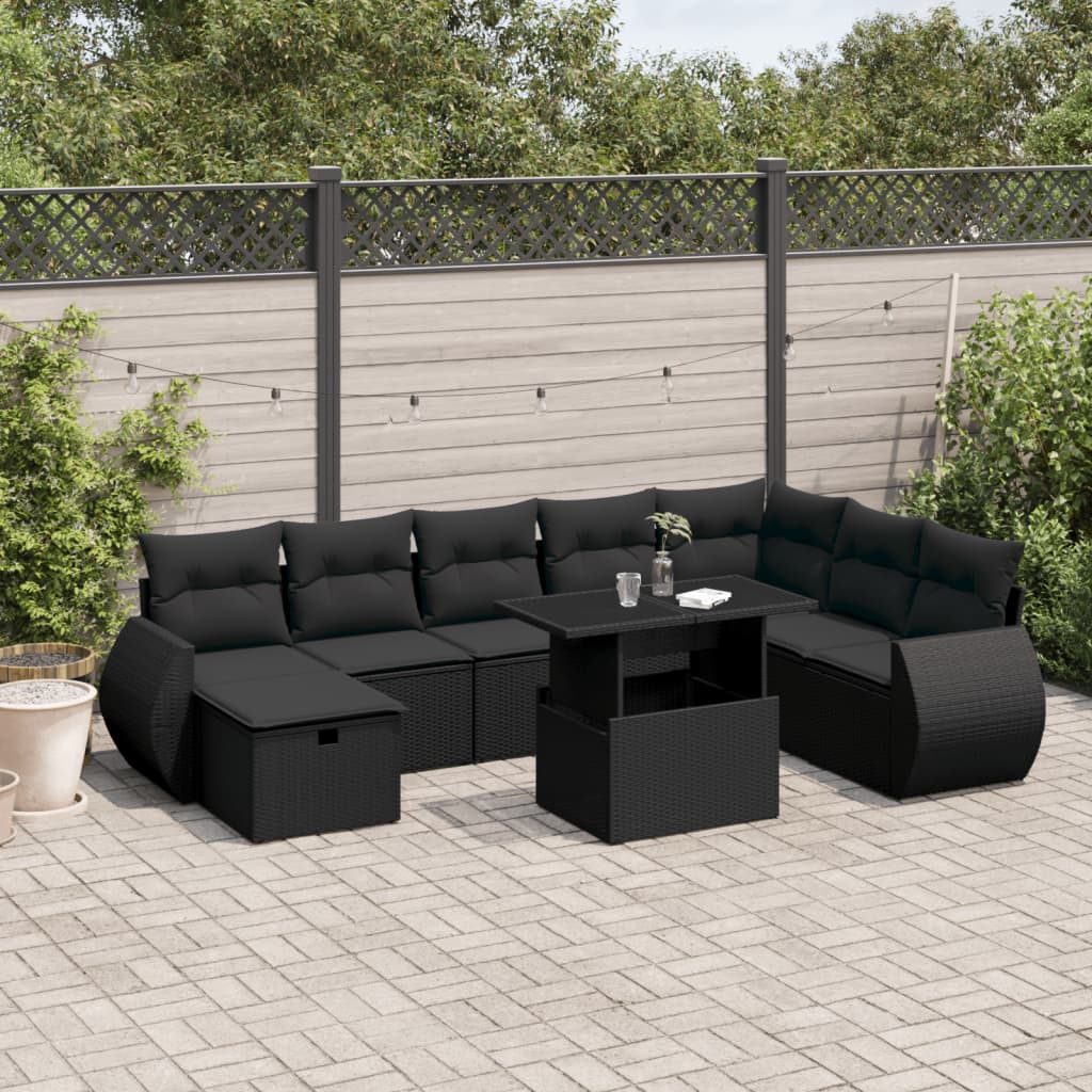 vidaXL Salon de jardin 9 pcs avec coussins noir résine tressée