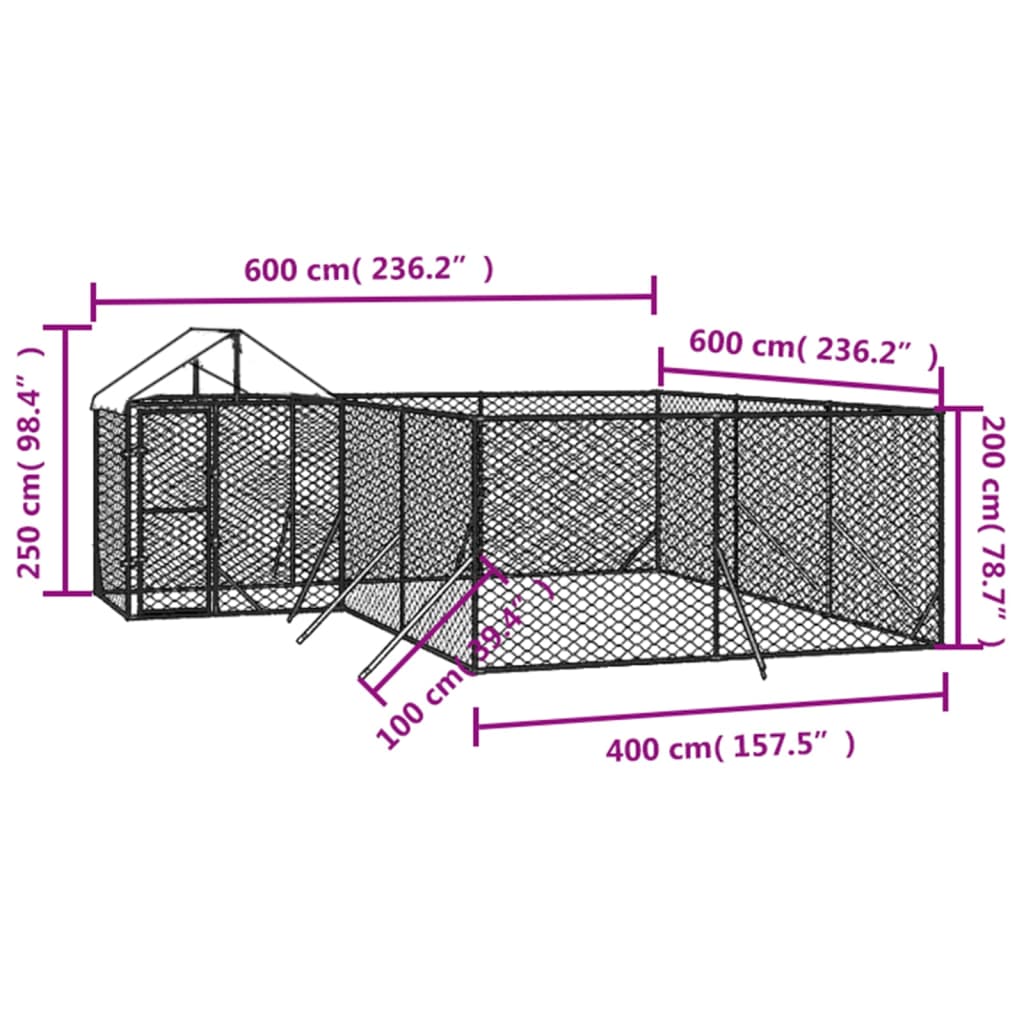 vidaXL Chenil d'extérieur pour chiens avec toit argenté 6x6x2,5 m