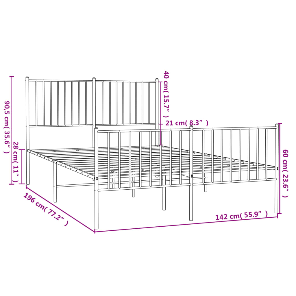 vidaXL Cadre de lit métal sans matelas avec pied de lit noir 135x190cm