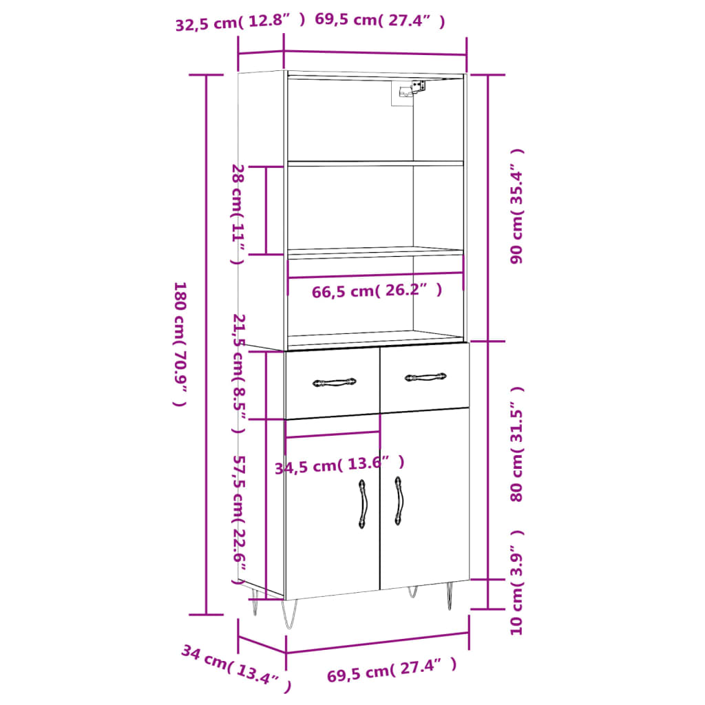 vidaXL Buffet haut Chêne fumé 69,5x34x180 cm Bois d'ingénierie