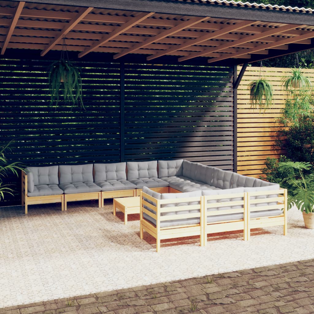 vidaXL Salon de jardin 12 pcs avec coussins gris Bois de pin