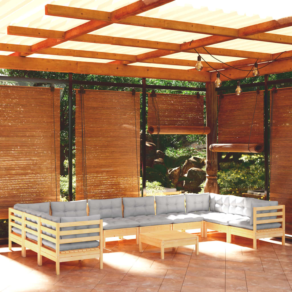 vidaXL Salon de jardin 11 pcs avec coussins gris bois de pin