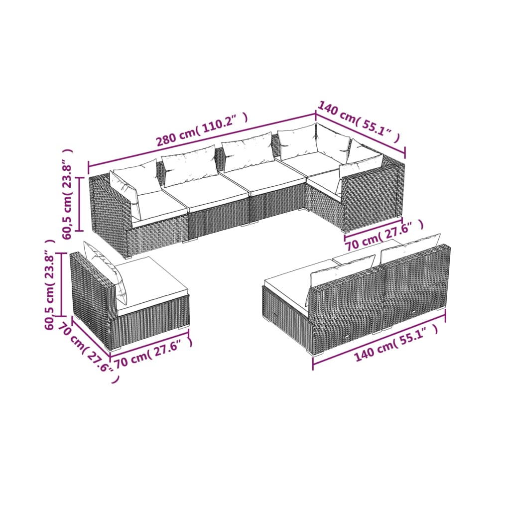 vidaXL Salon de jardin 8 pcs avec coussins résine tressée marron