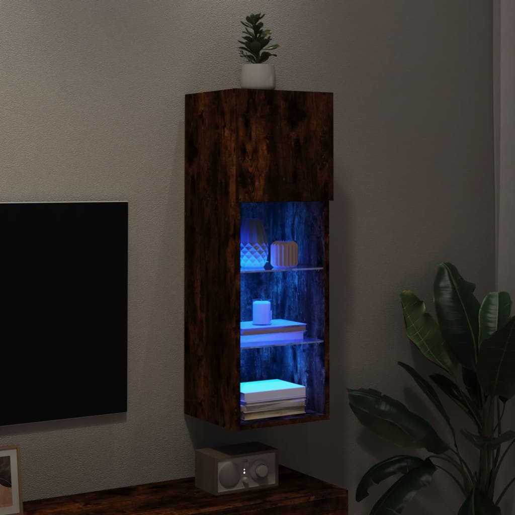 vidaXL Meuble TV avec lumières LED chêne fumé 30,5x30x90 cm