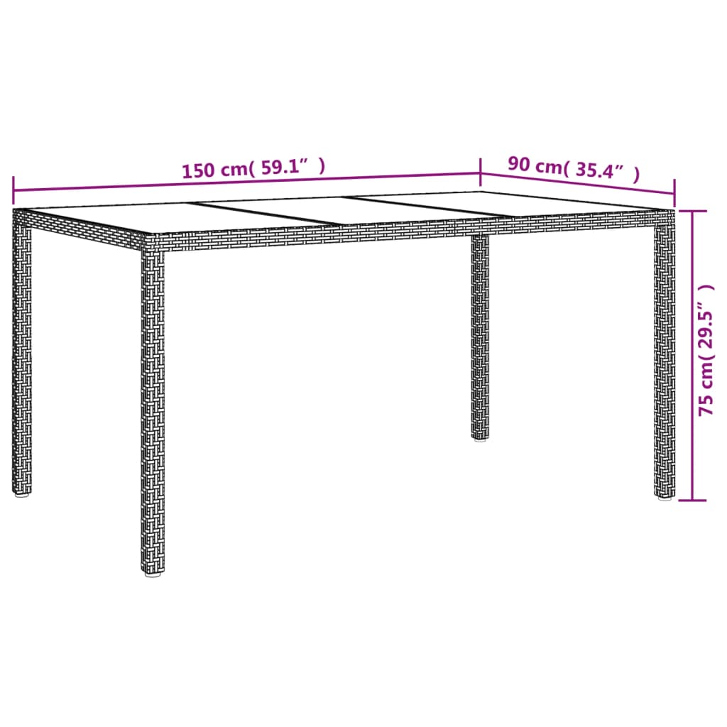 vidaXL Table de jardin 150x90x75cm Verre trempé et résine tressée Noir