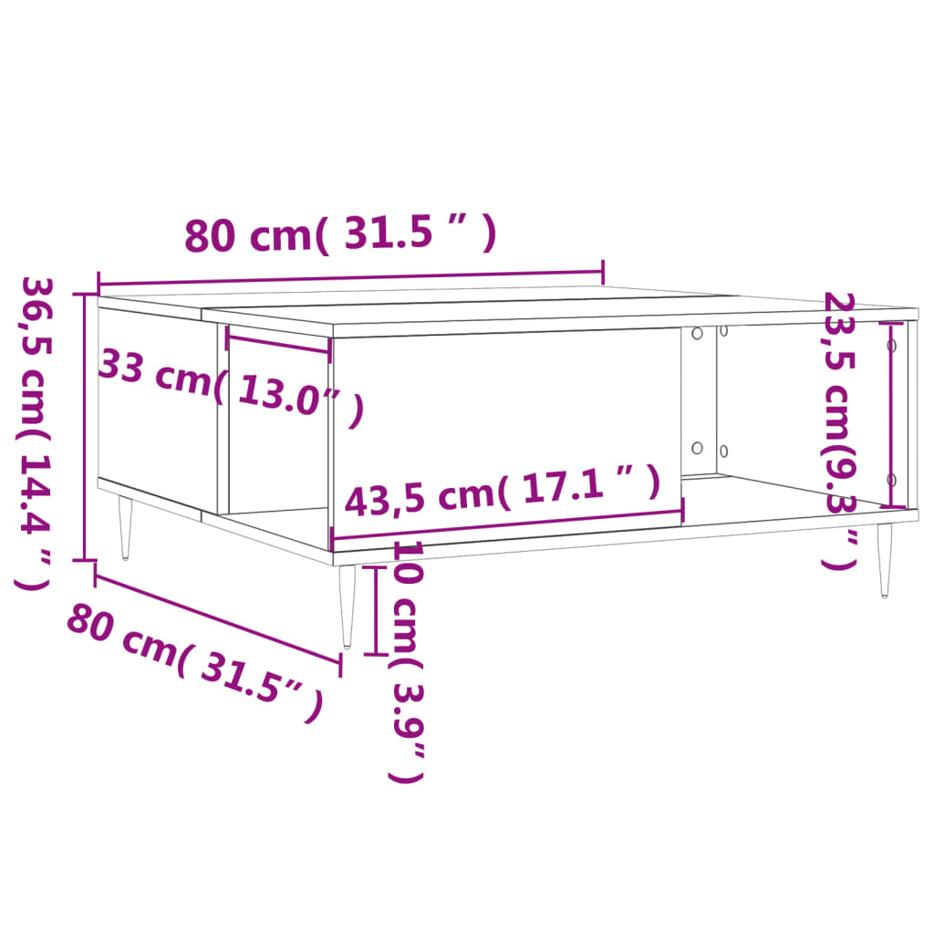 vidaXL Table basse chêne sonoma 80x80x36,5 cm bois d'ingénierie