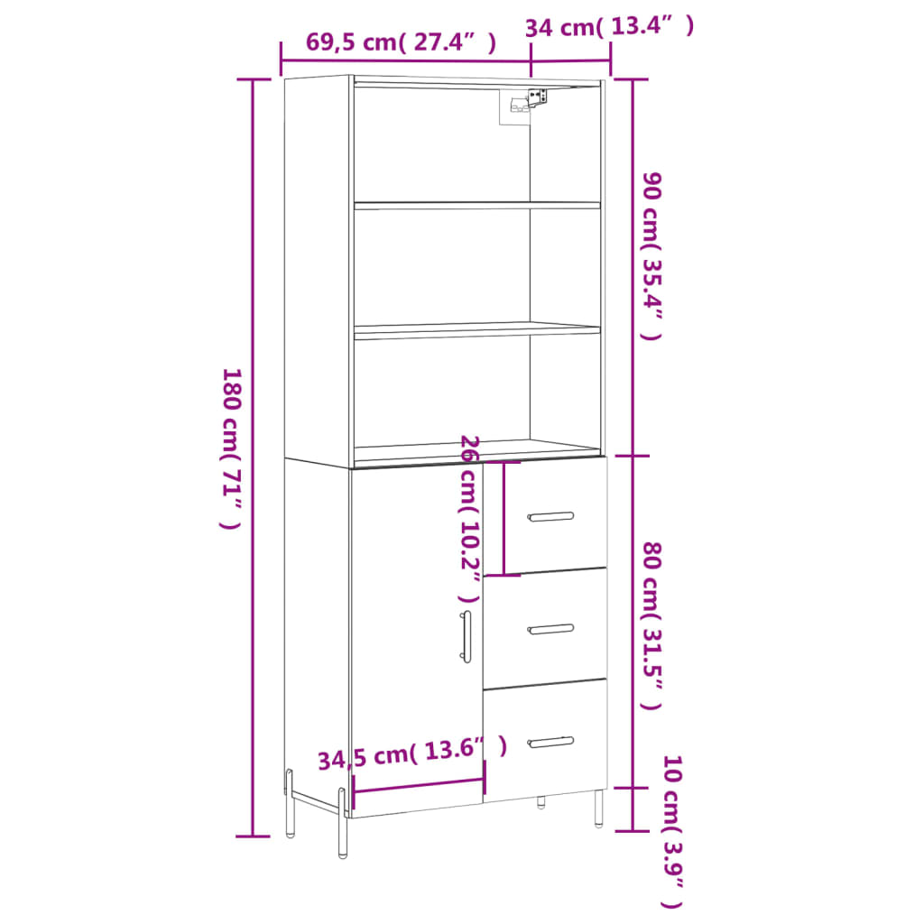 vidaXL Buffet haut Blanc 69,5x34x180 cm Bois d'ingénierie