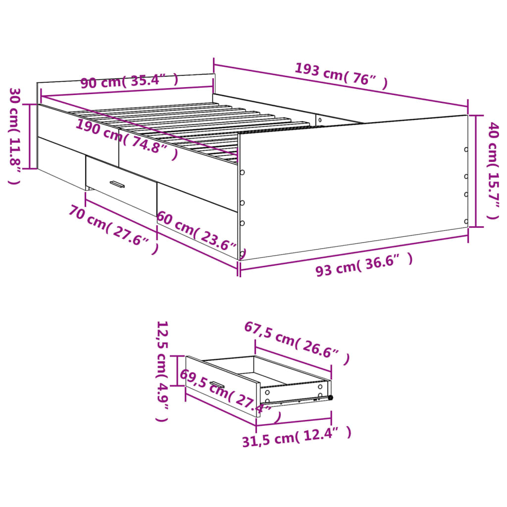 vidaXL Cadre de lit et tiroirs chêne sonoma 90x190cm bois d'ingénierie