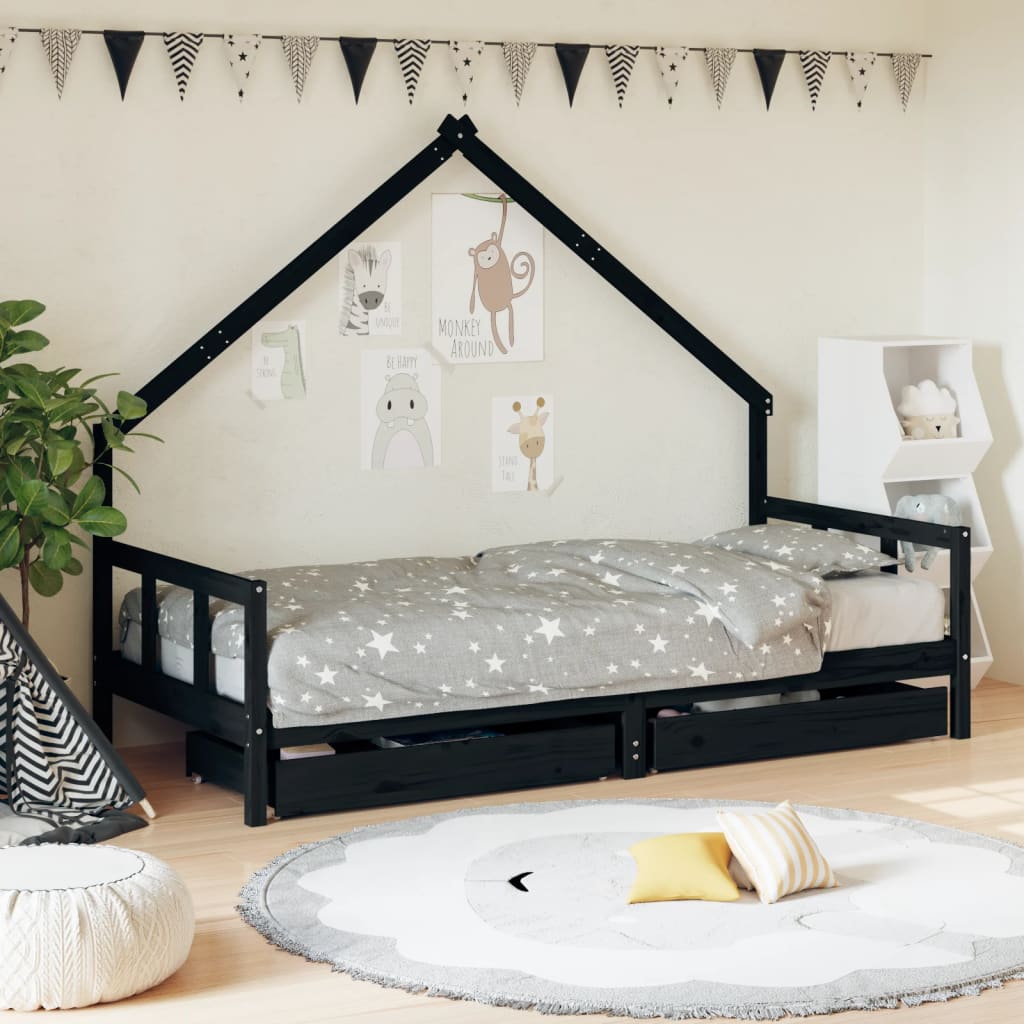 vidaXL Cadre de lit enfant avec tiroirs noir 90x200 cm bois pin massif