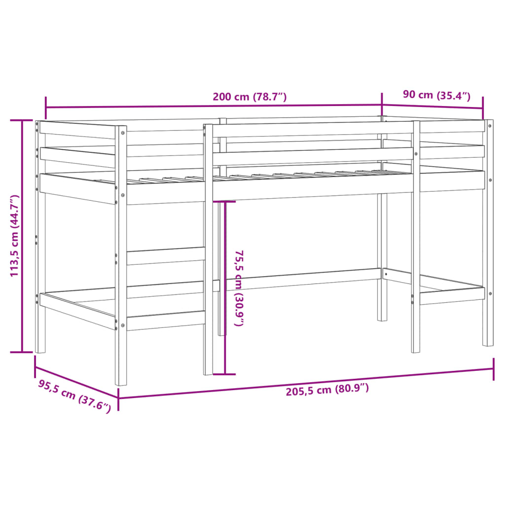 vidaXL Lit mezzanine enfants et rideaux rose 90x200cm bois pin massif