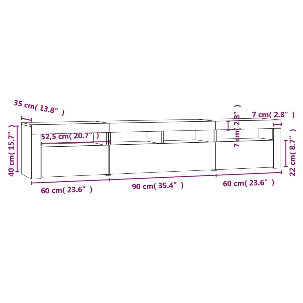 vidaXL Meuble TV avec lumières LED Sonoma gris 210x35x40 cm