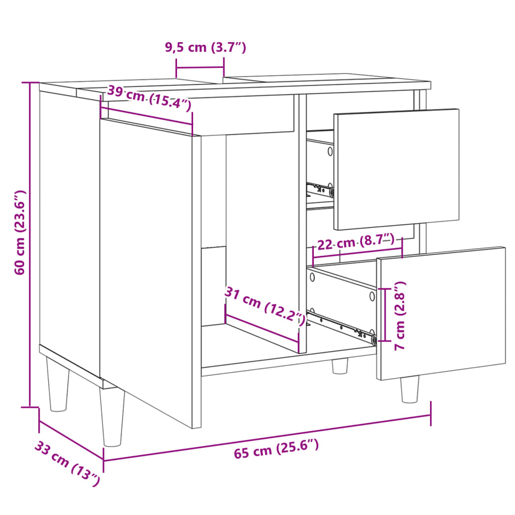 vidaXL Armoire salle de bain chêne sonoma 65x33x60 cm