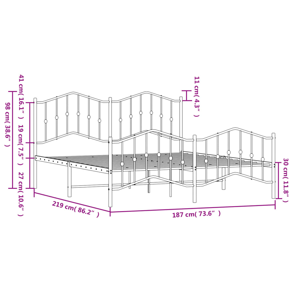 vidaXL Cadre de lit métal avec tête de lit/pied de lit blanc 183x213cm
