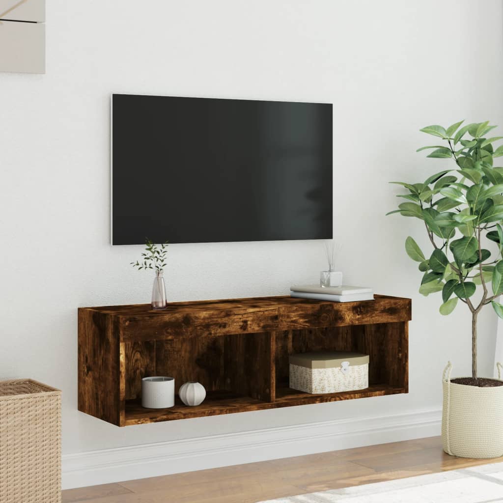 vidaXL Meuble TV avec lumières LED chêne fumé 100x30x30 cm