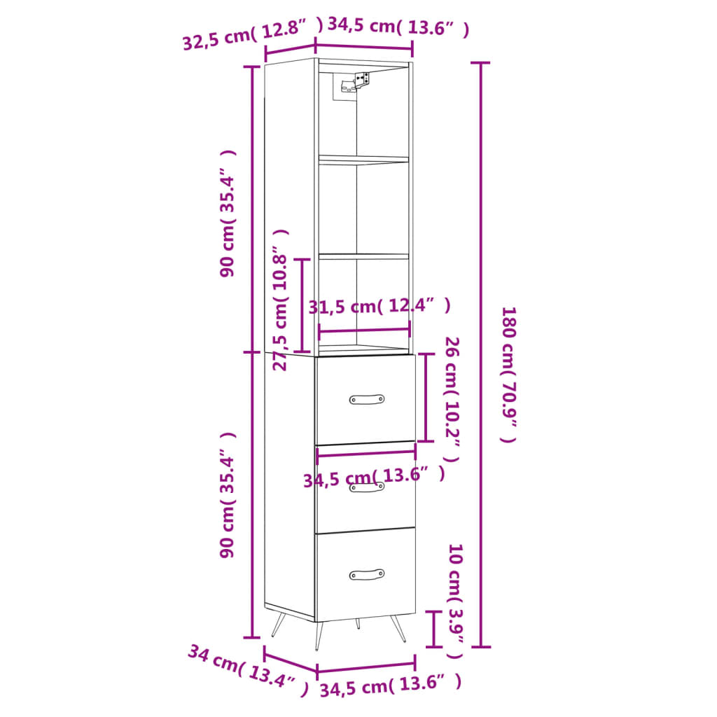 vidaXL Buffet haut Sonoma gris 34,5x34x180 cm Bois d'ingénierie