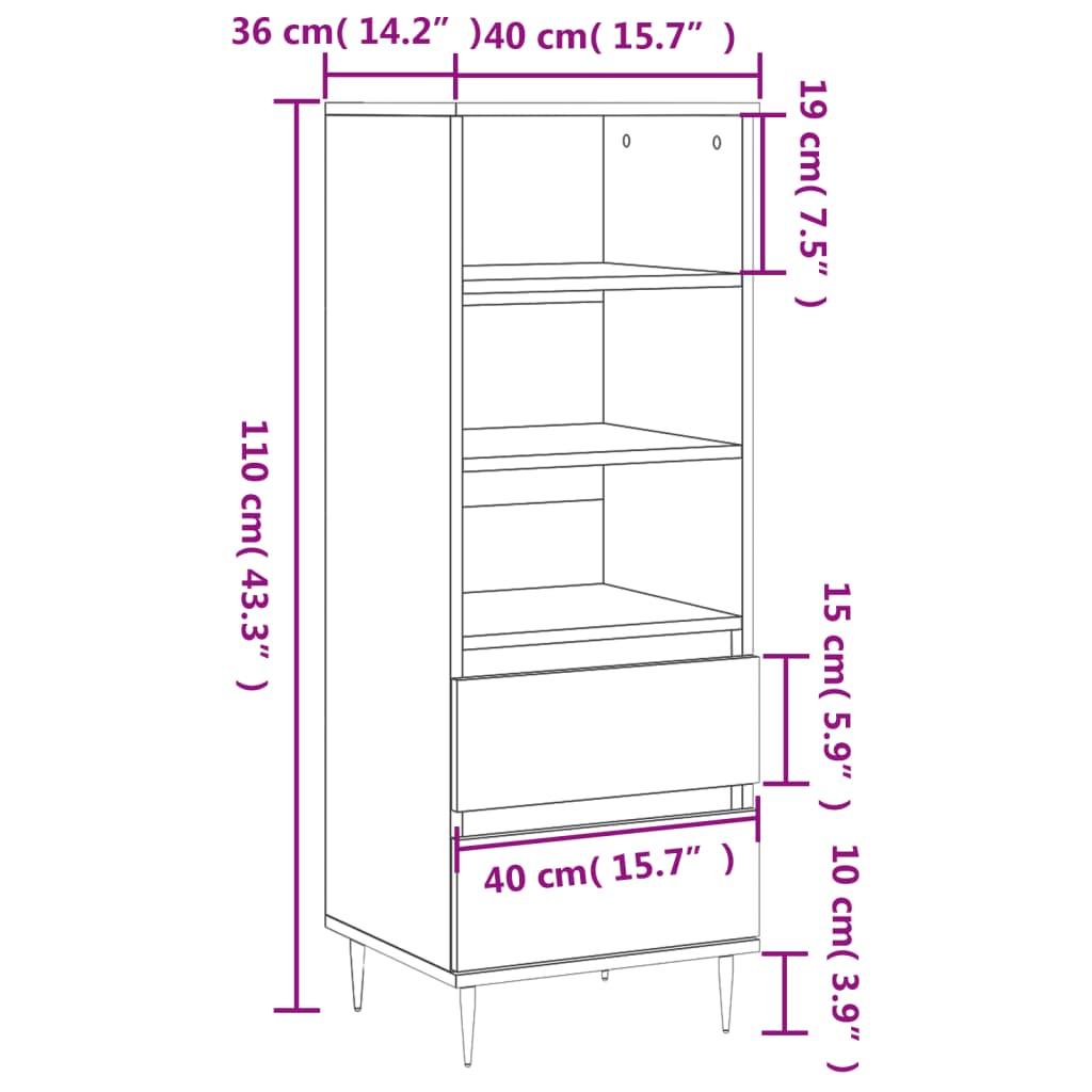 vidaXL Buffet haut Blanc brillant 40x36x110 cm Bois d'ingénierie