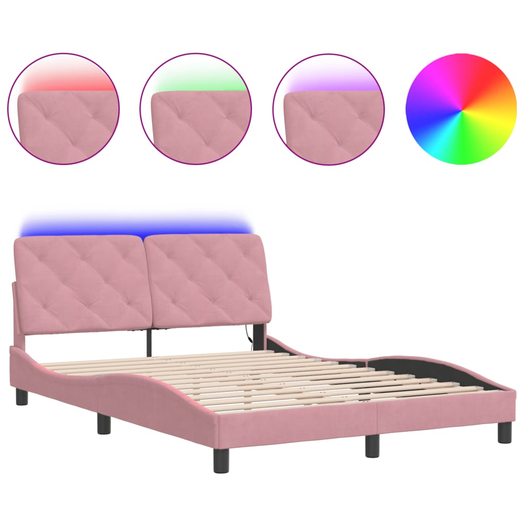 vidaXL Cadre de lit avec lumières LED rose 140x190 cm velours