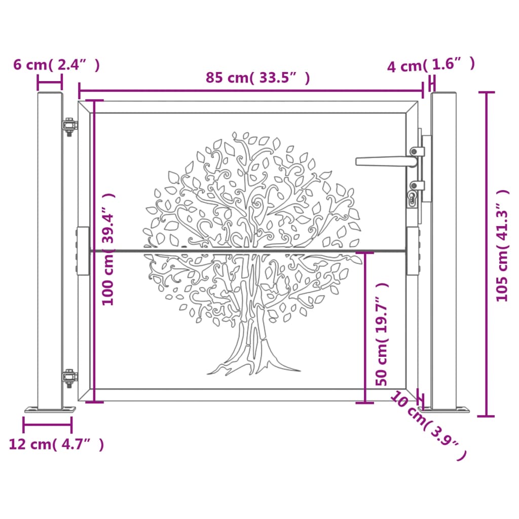 vidaXL Portail de jardin 105x105 cm acier corten conception de l'arbre