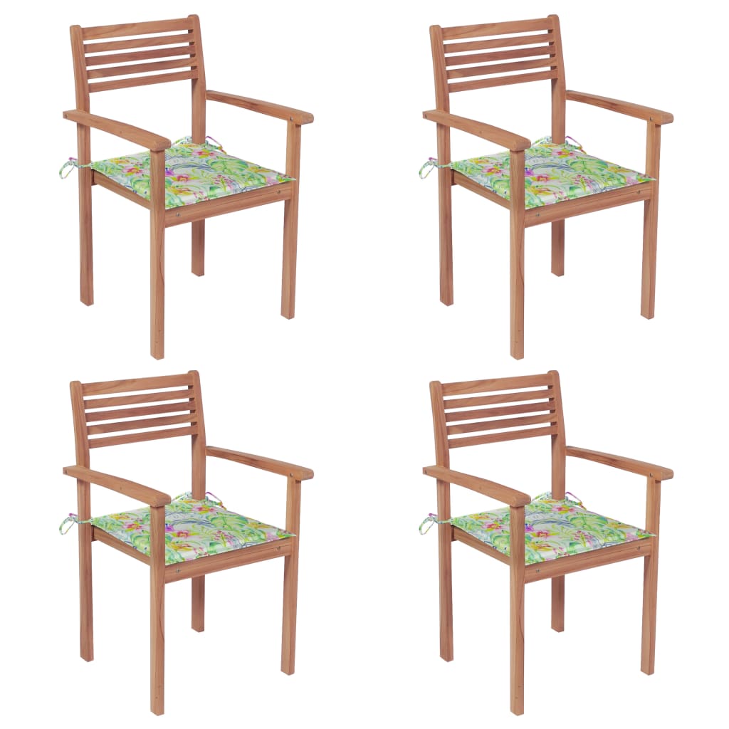 vidaXL Chaises de jardin 4 pcs avec coussins à motif de feuilles Teck