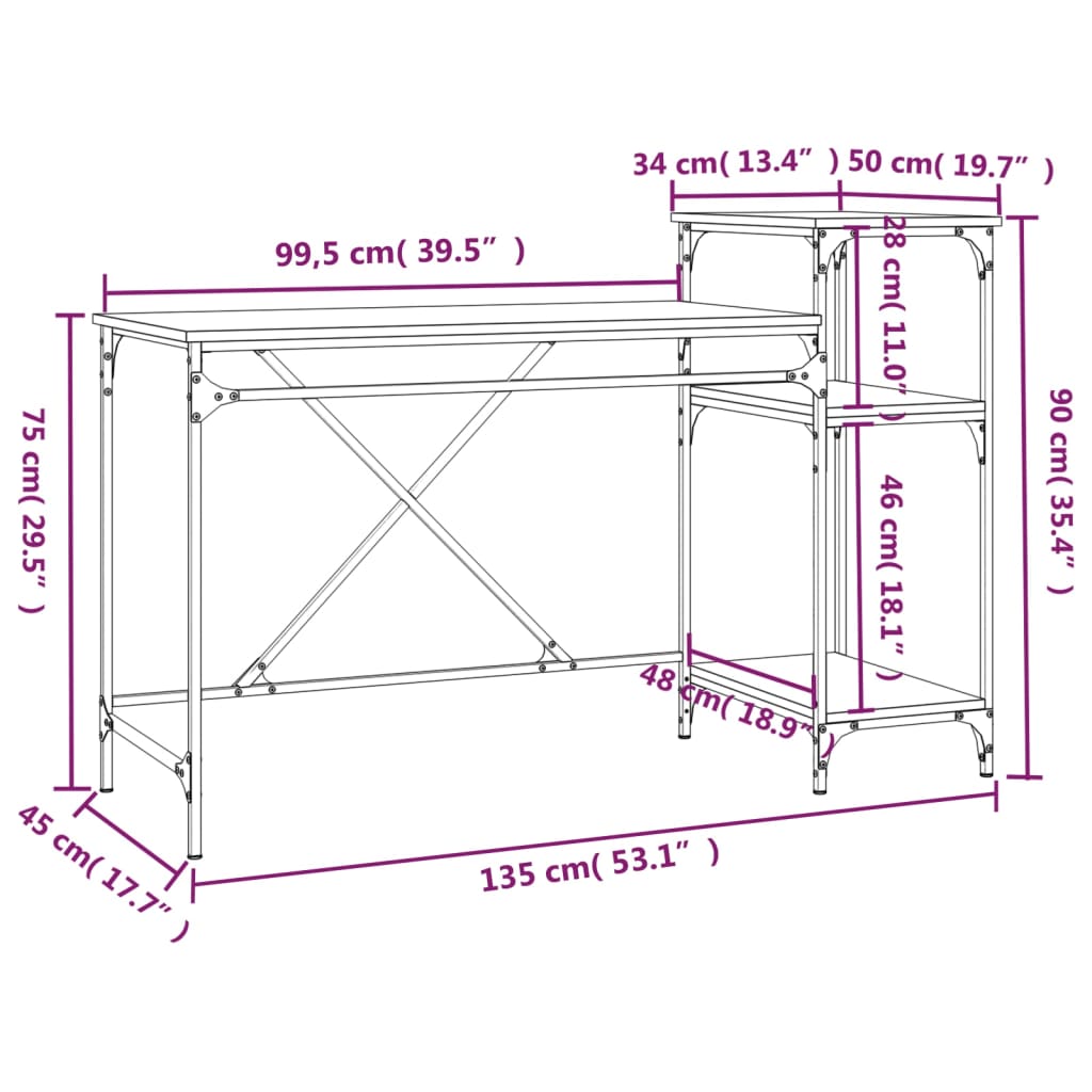 vidaXL Bureau et étagères chêne sonoma 135x50x90cm bois ingénierie/fer