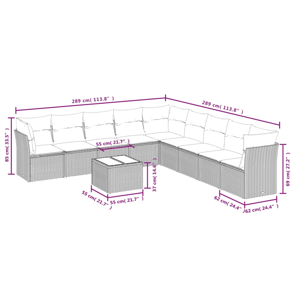 vidaXL Salon de jardin avec coussins 10 pcs gris résine tressée