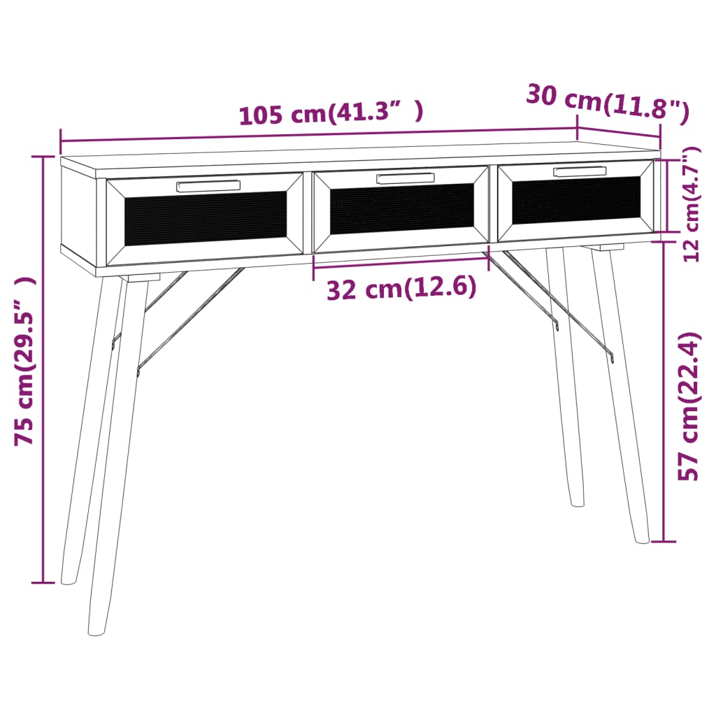 vidaXL Table console Noir 105x30x75 cm Bois massif pin /rotin naturel