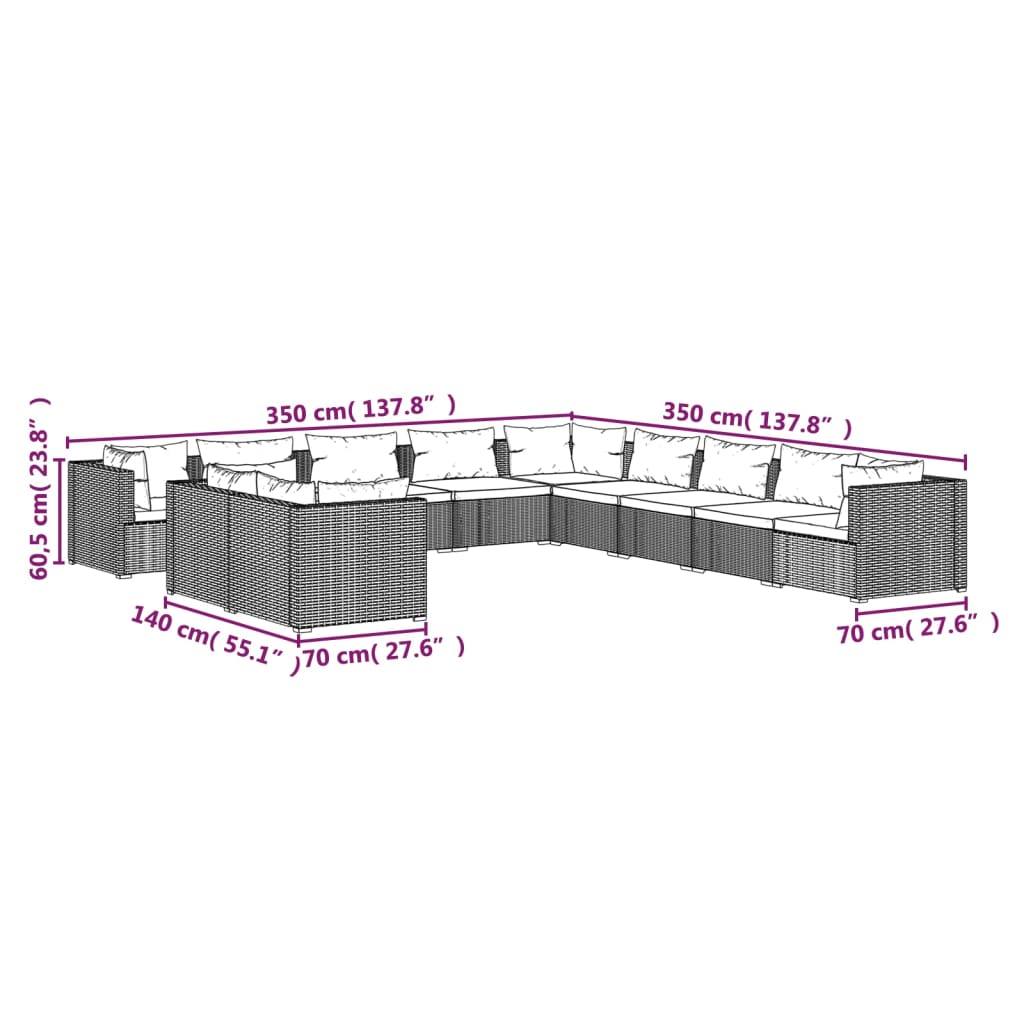 vidaXL Salon de jardin 11 pcs avec coussins Gris Résine tressée