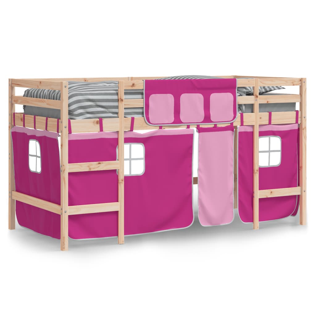 vidaXL Lit mezzanine enfants et rideaux rose 90x200cm bois pin massif