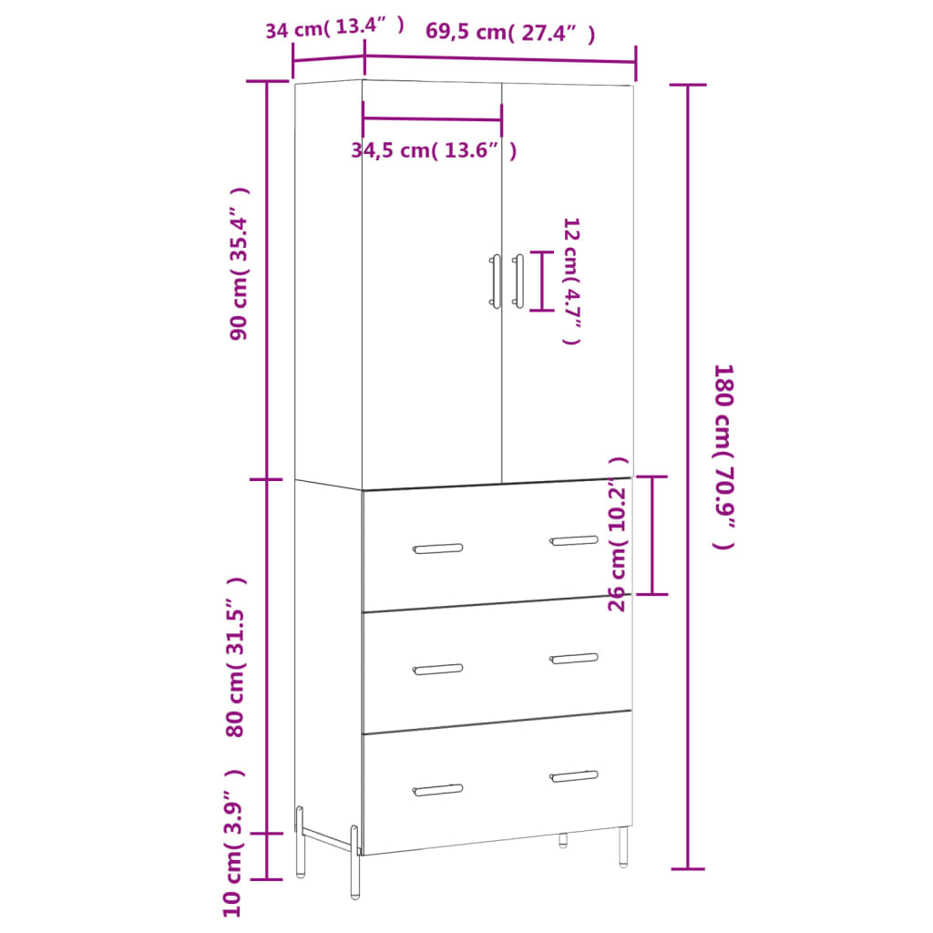 vidaXL Buffet haut Chêne fumé 69,5x34x180 cm Bois d'ingénierie