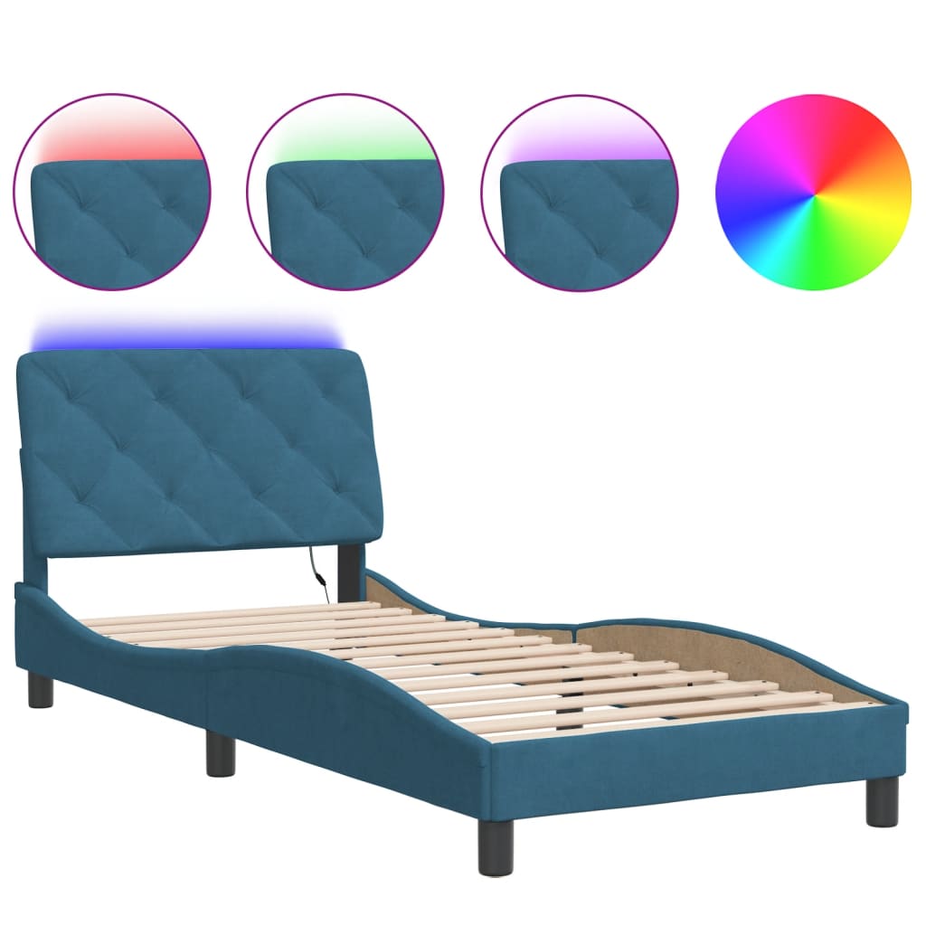 vidaXL Cadre de lit avec lumières LED bleu 90x190 cm velours