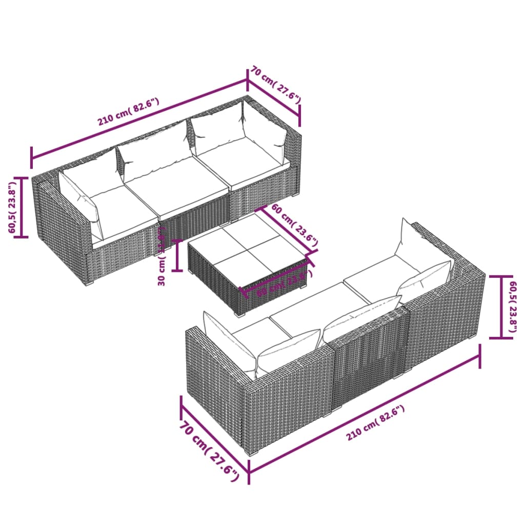 vidaXL Salon de jardin 7 pcs avec coussins Résine tressée Noir