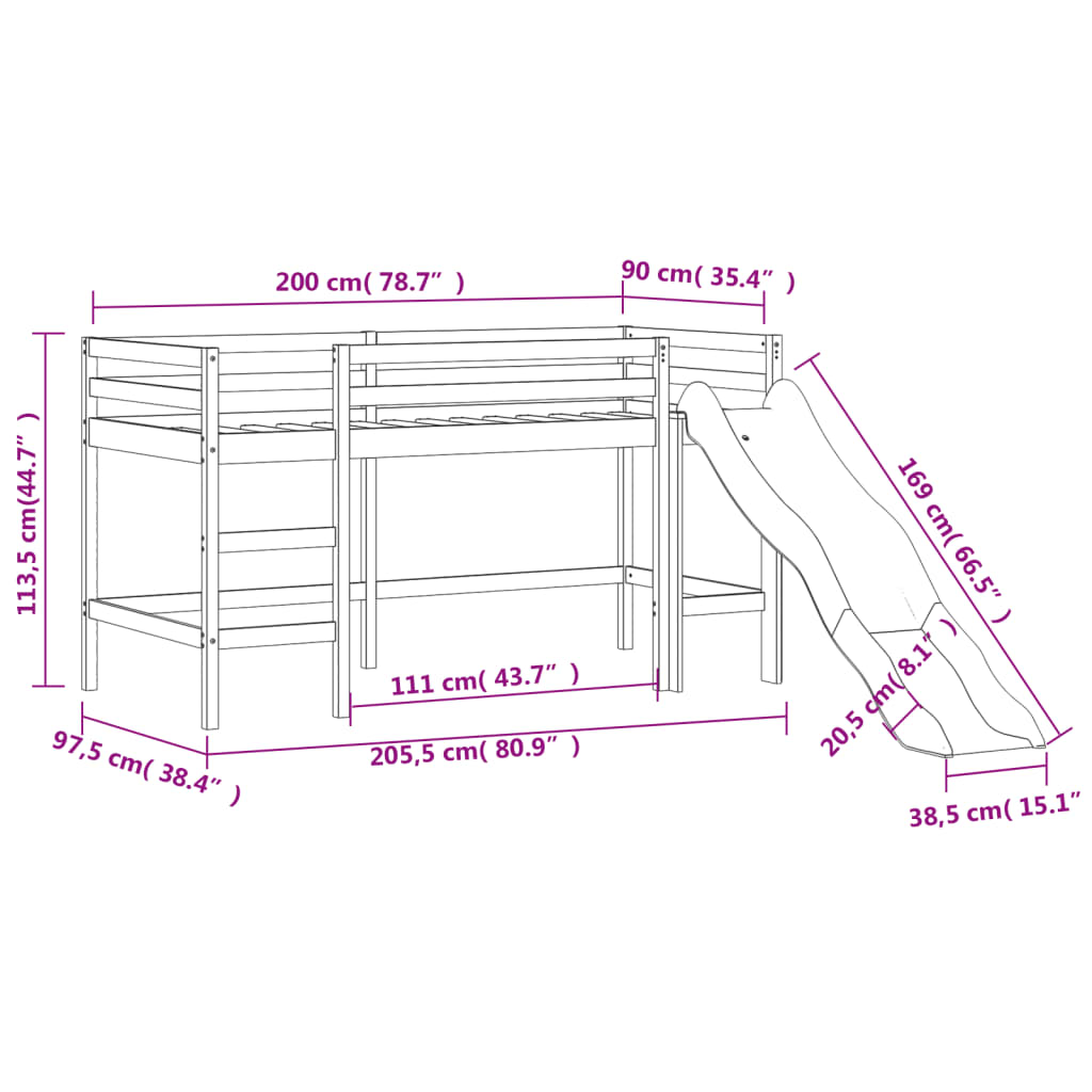 vidaXL Lit mezzanine d'enfants sans matelas avec toboggan 90x200 cm