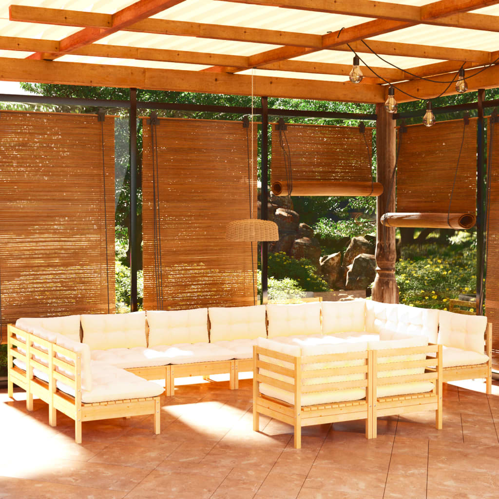 vidaXL Salon de jardin 12 pcs avec coussins crème Bois de pin massif