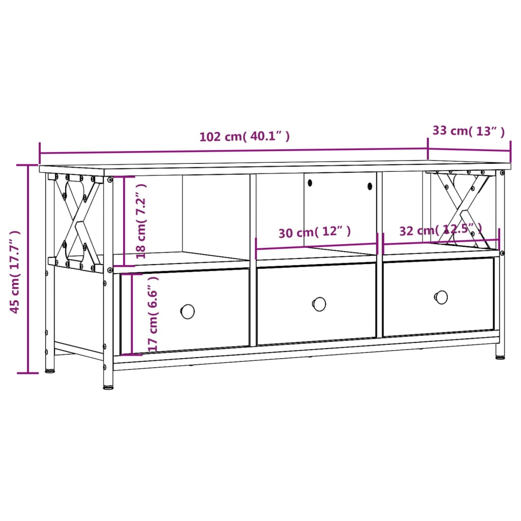 vidaXL Meuble TV chêne marron 102x33x45 cm bois d'ingénierie et fer