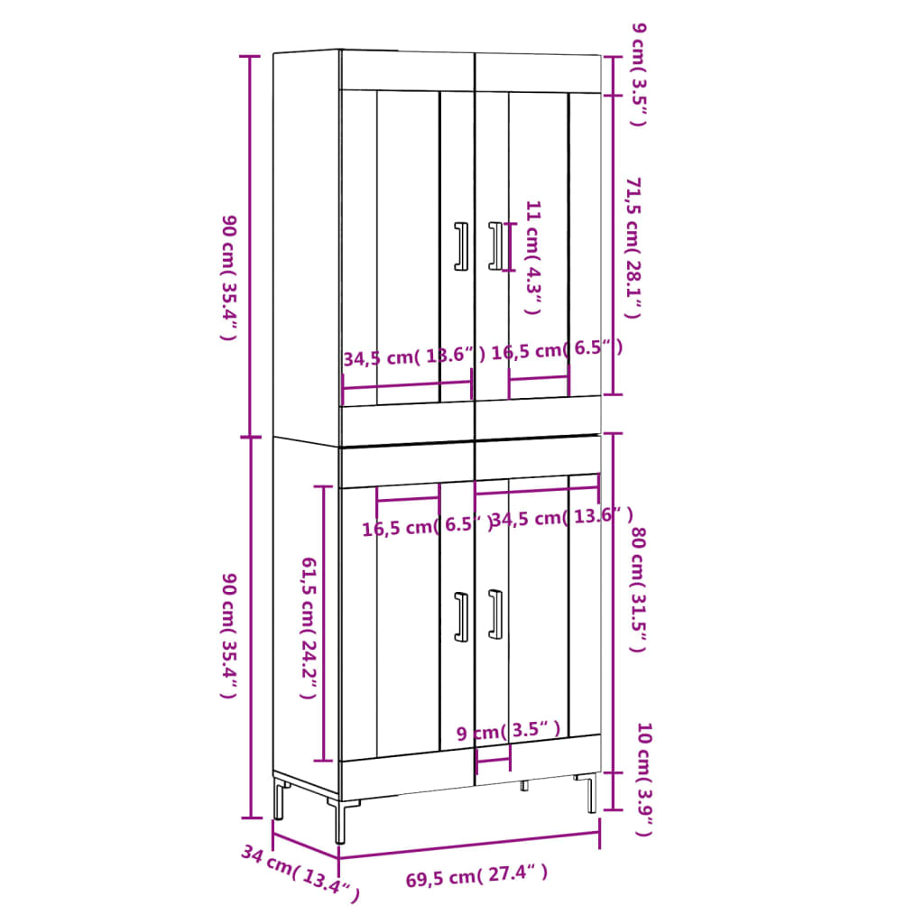 vidaXL Buffet haut Gris béton 69,5x34x180 cm Bois d'ingénierie