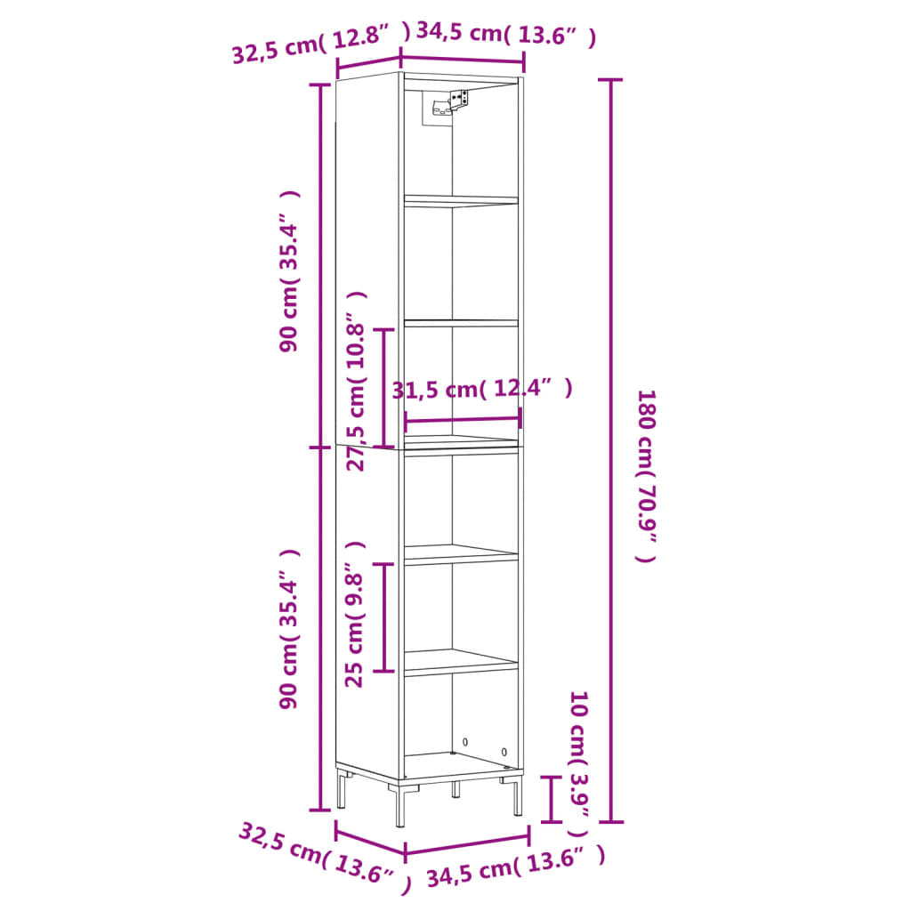 vidaXL Buffet haut Gris béton 34,5x32,5x180 cm Bois d'ingénierie