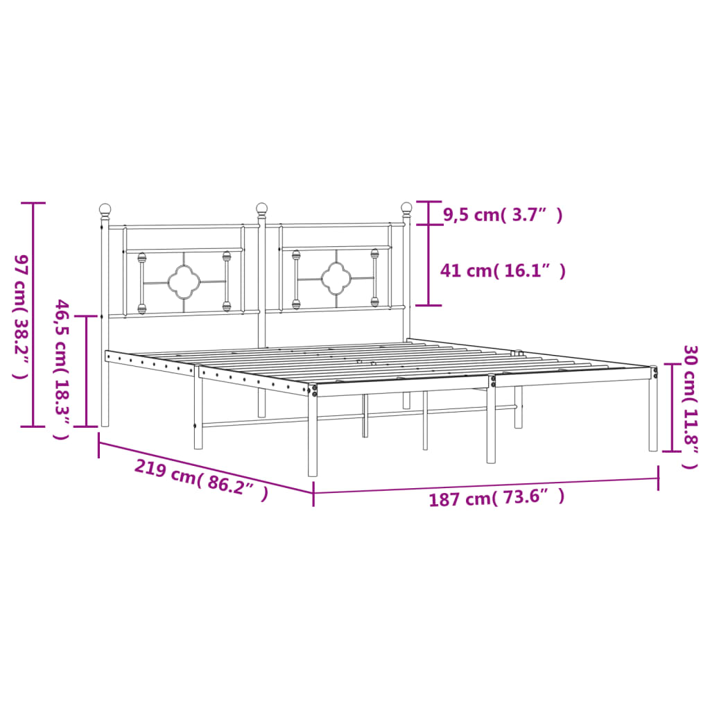 vidaXL Cadre de lit métal sans matelas avec tête de lit noir 183x213cm