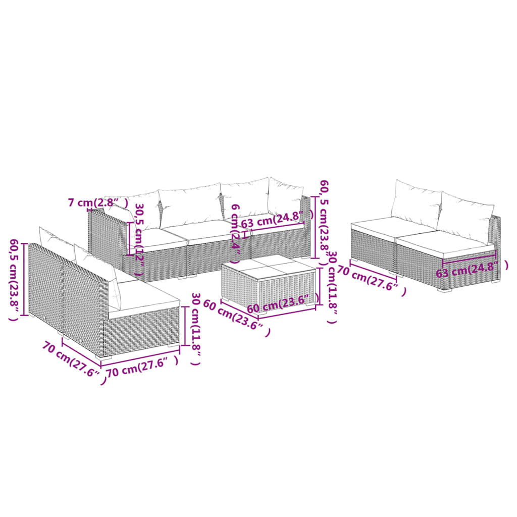 vidaXL Salon de jardin 8 pcs avec coussins Résine tressée Gris