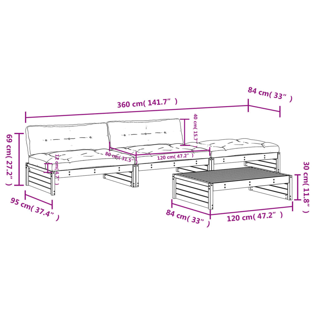 vidaXL Salon de jardin 4 pcs avec coussins noir bois massif