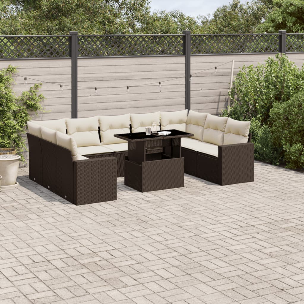 vidaXL Salon de jardin 10 pcs avec coussins marron résine tressée