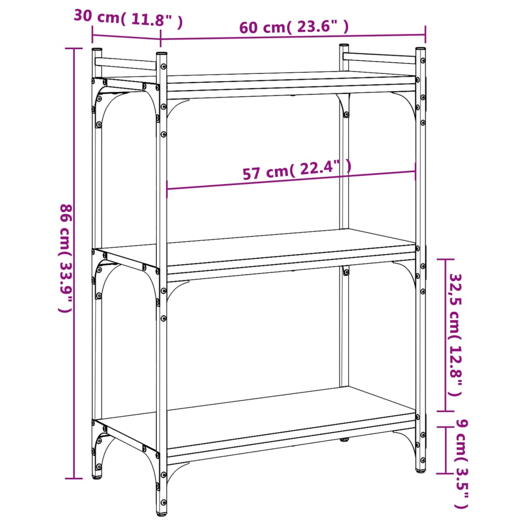 vidaXL Bibliothèque 3 niveaux chêne brun 60x30x86 cm bois d'ingénierie