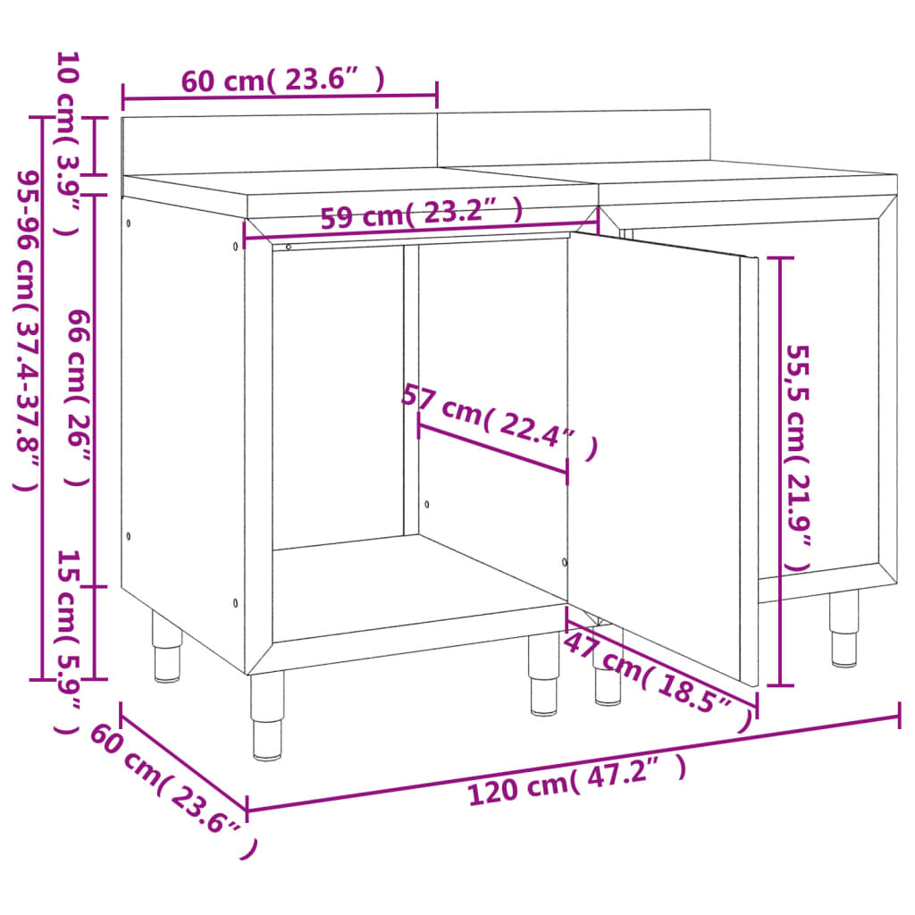 vidaXL Table de travail commerciale avec armoire 120x60x96 cm Inox