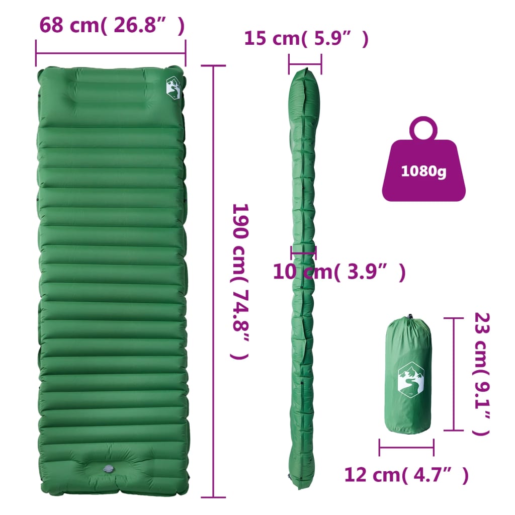 vidaXL Matelas de camping autogonflant avec oreiller 1 personne vert